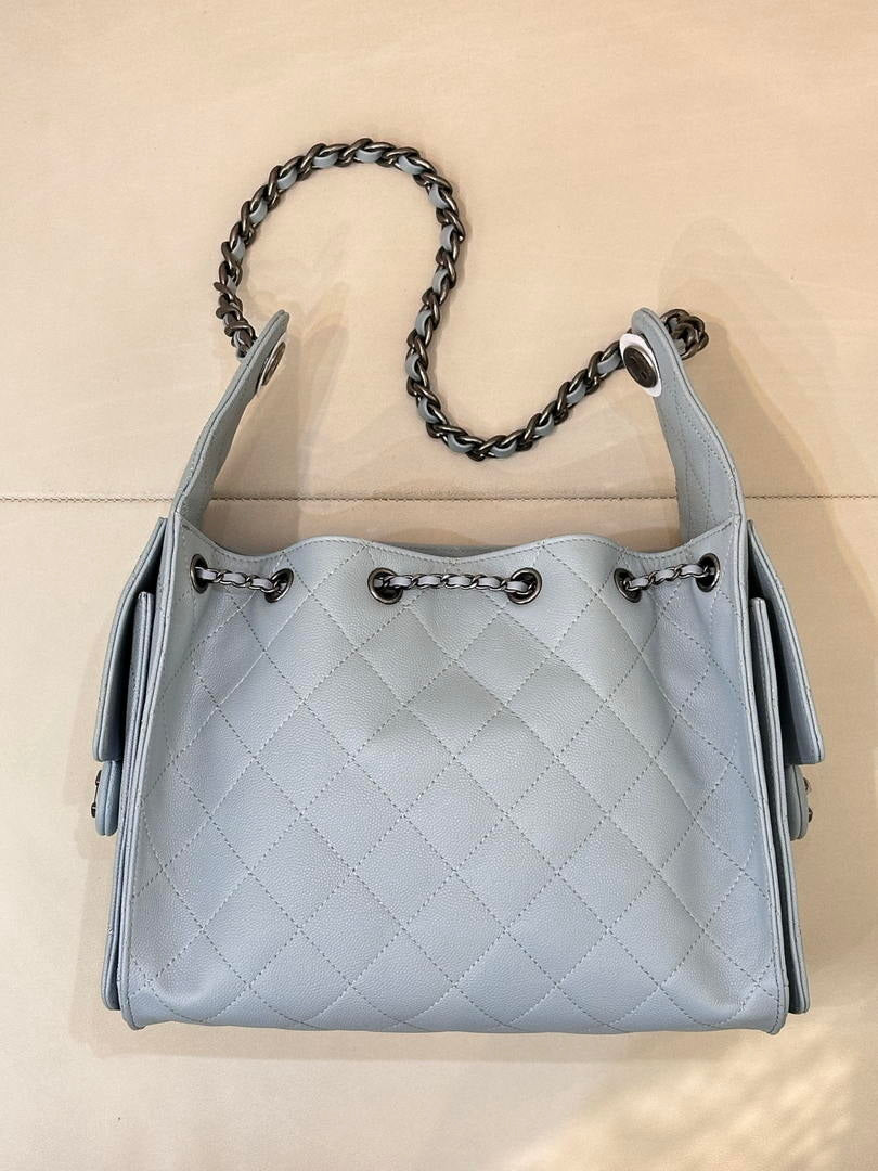 Chanel AS5293 Small Hobo Calfskin & Gold-Tone Metal Light Gray