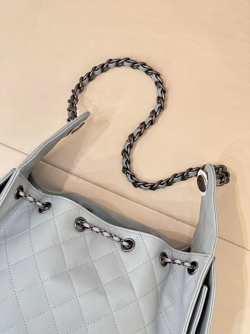 Chanel AS5293 Small Hobo Calfskin & Gold-Tone Metal Light Gray