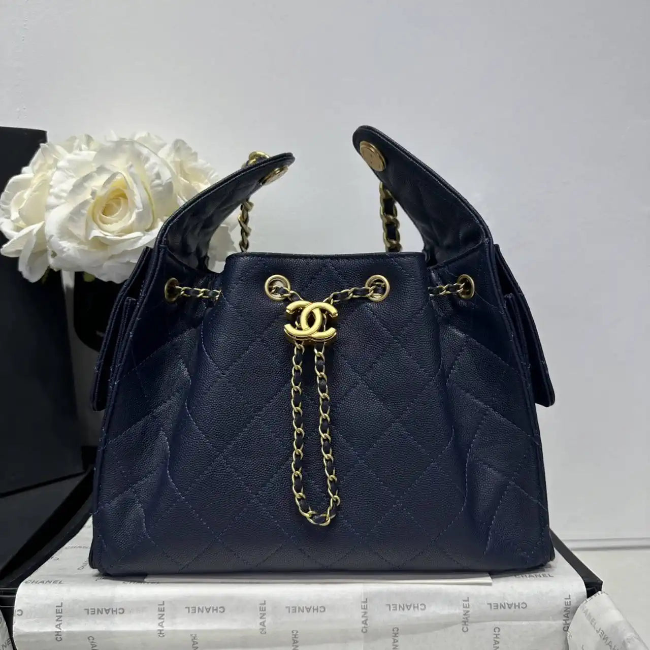Chanel AS5293 Small Hobo Calfskin & Gold-Tone Metal Dark Blue