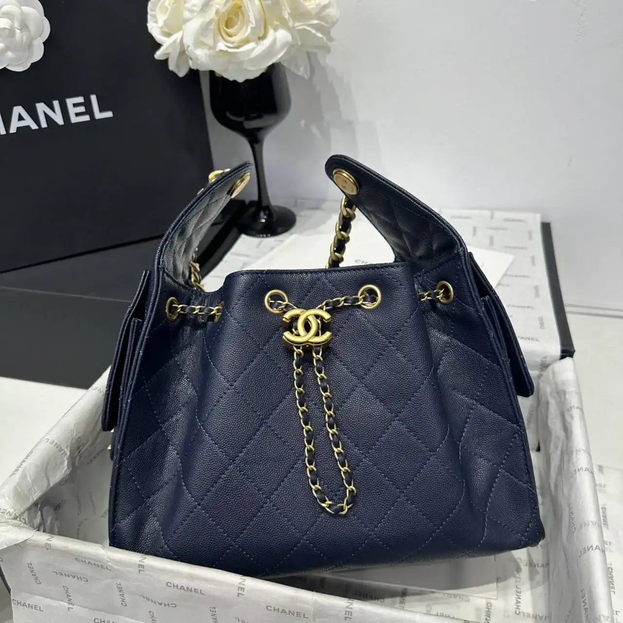 Chanel AS5293 Small Hobo Calfskin & Gold-Tone Metal Dark Blue
