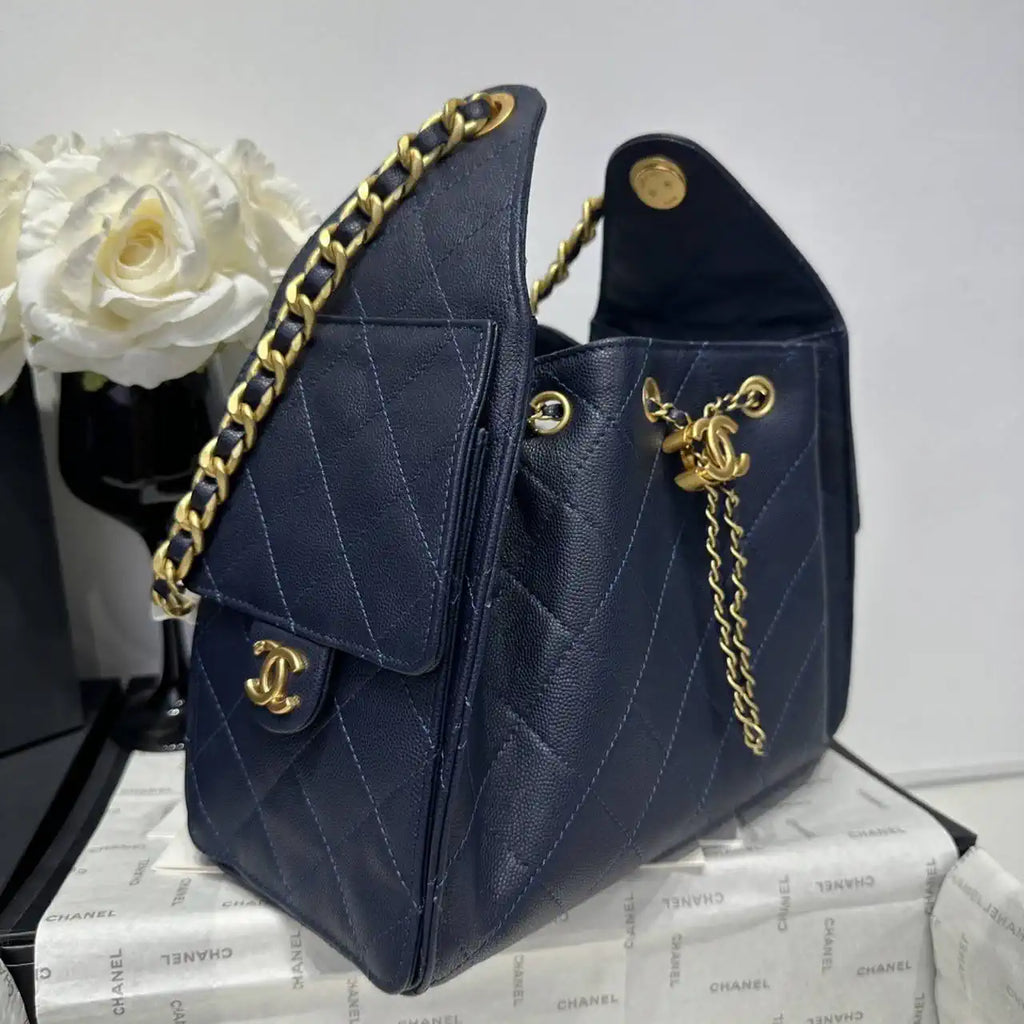 Chanel AS5293 Small Hobo Calfskin & Gold-Tone Metal Dark Blue
