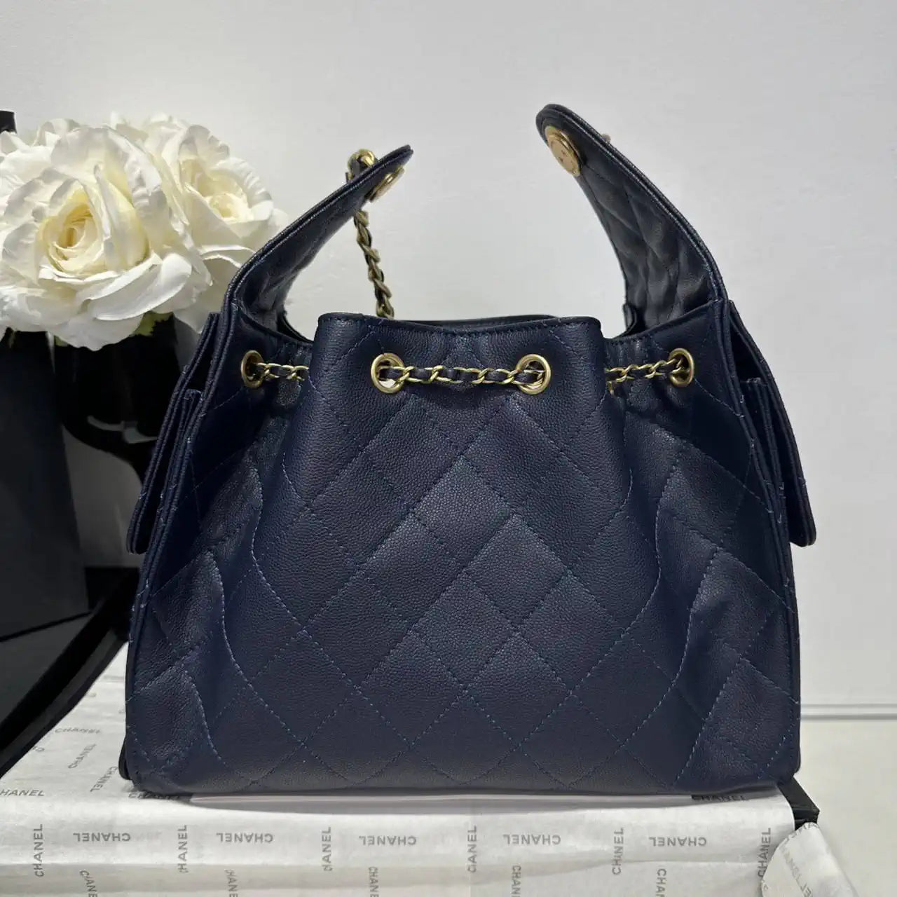 Chanel AS5293 Small Hobo Calfskin & Gold-Tone Metal Dark Blue