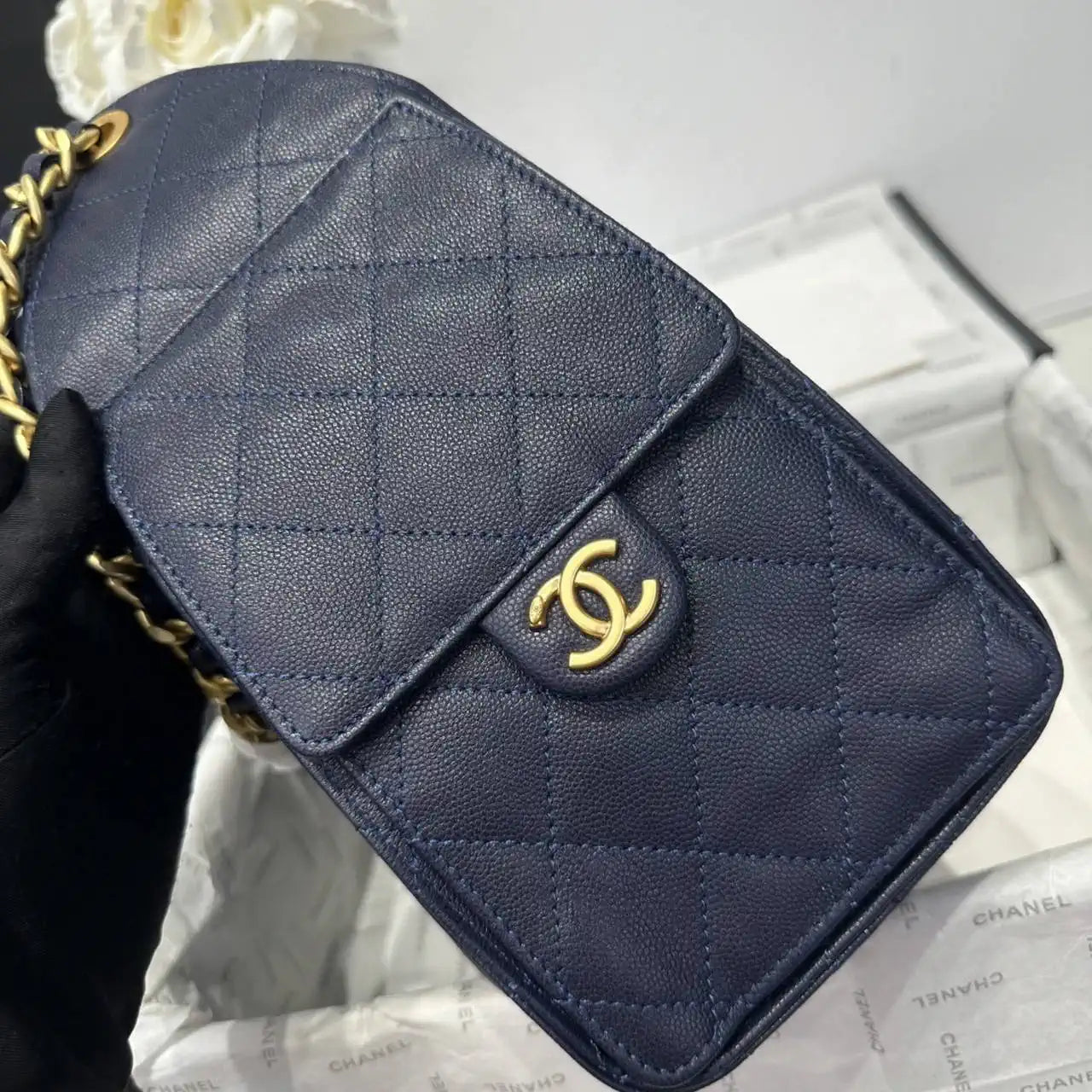 Chanel AS5293 Small Hobo Calfskin & Gold-Tone Metal Dark Blue