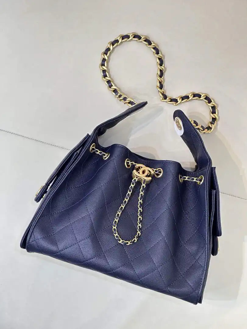 Chanel AS5293 Small Hobo Calfskin & Gold-Tone Metal Navy Blue
