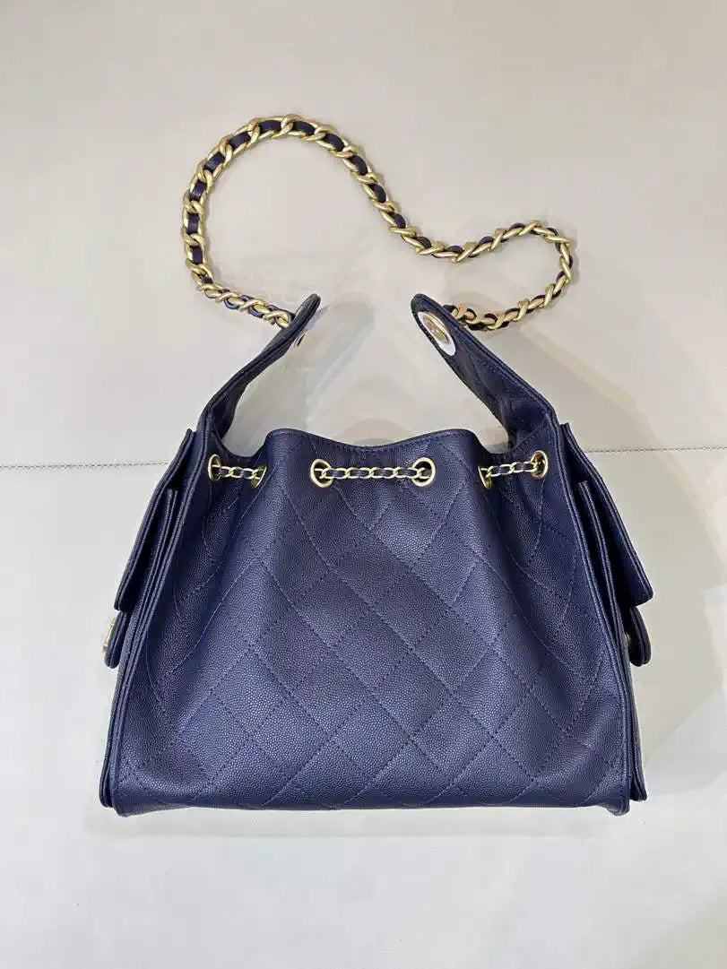 Chanel AS5293 Small Hobo Calfskin & Gold-Tone Metal Navy Blue
