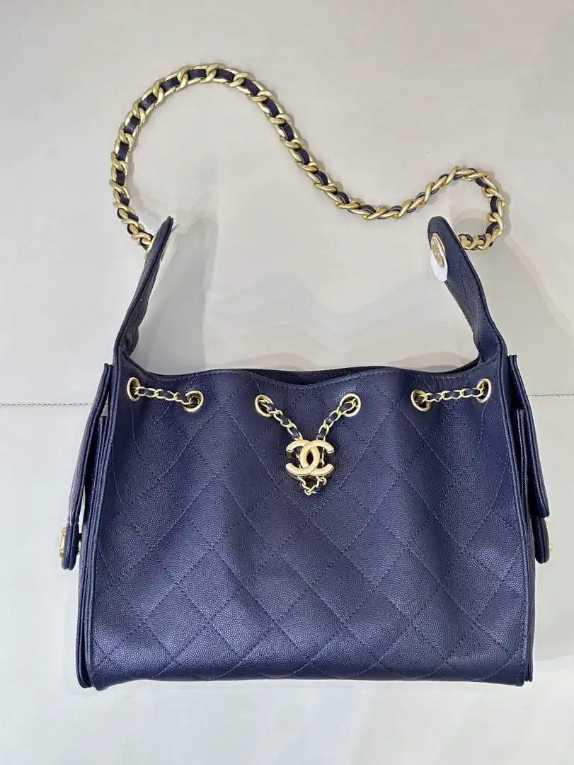 Chanel AS5293 Small Hobo Calfskin & Gold-Tone Metal Navy Blue