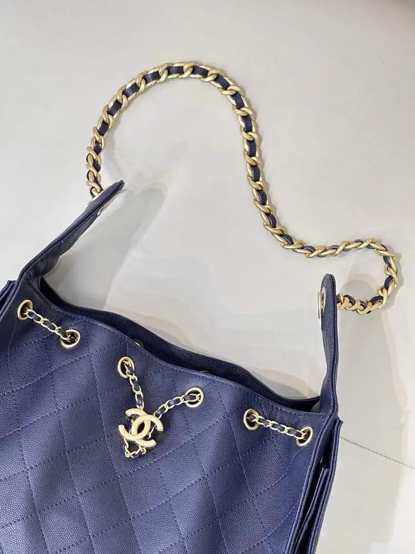 Chanel AS5293 Small Hobo Calfskin & Gold-Tone Metal Navy Blue