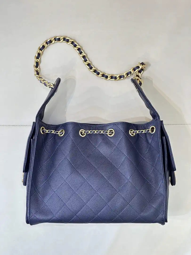 Chanel AS5293 Small Hobo Calfskin & Gold-Tone Metal Navy Blue