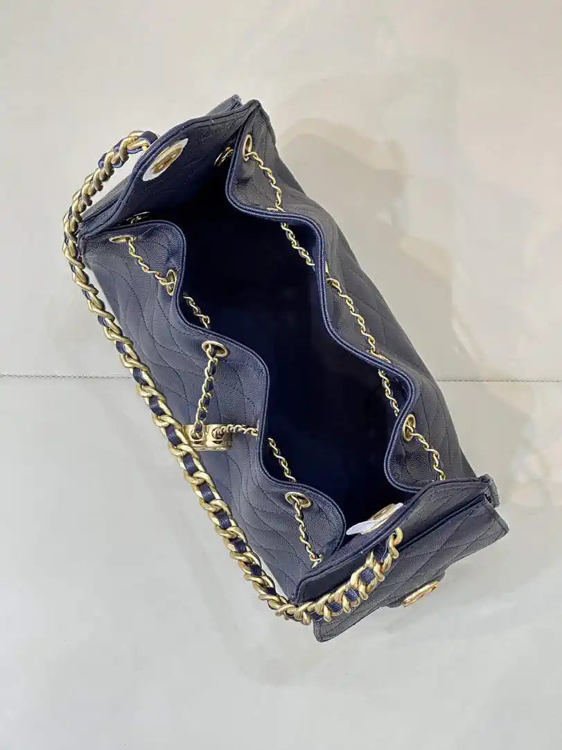 Chanel AS5293 Small Hobo Calfskin & Gold-Tone Metal Navy Blue