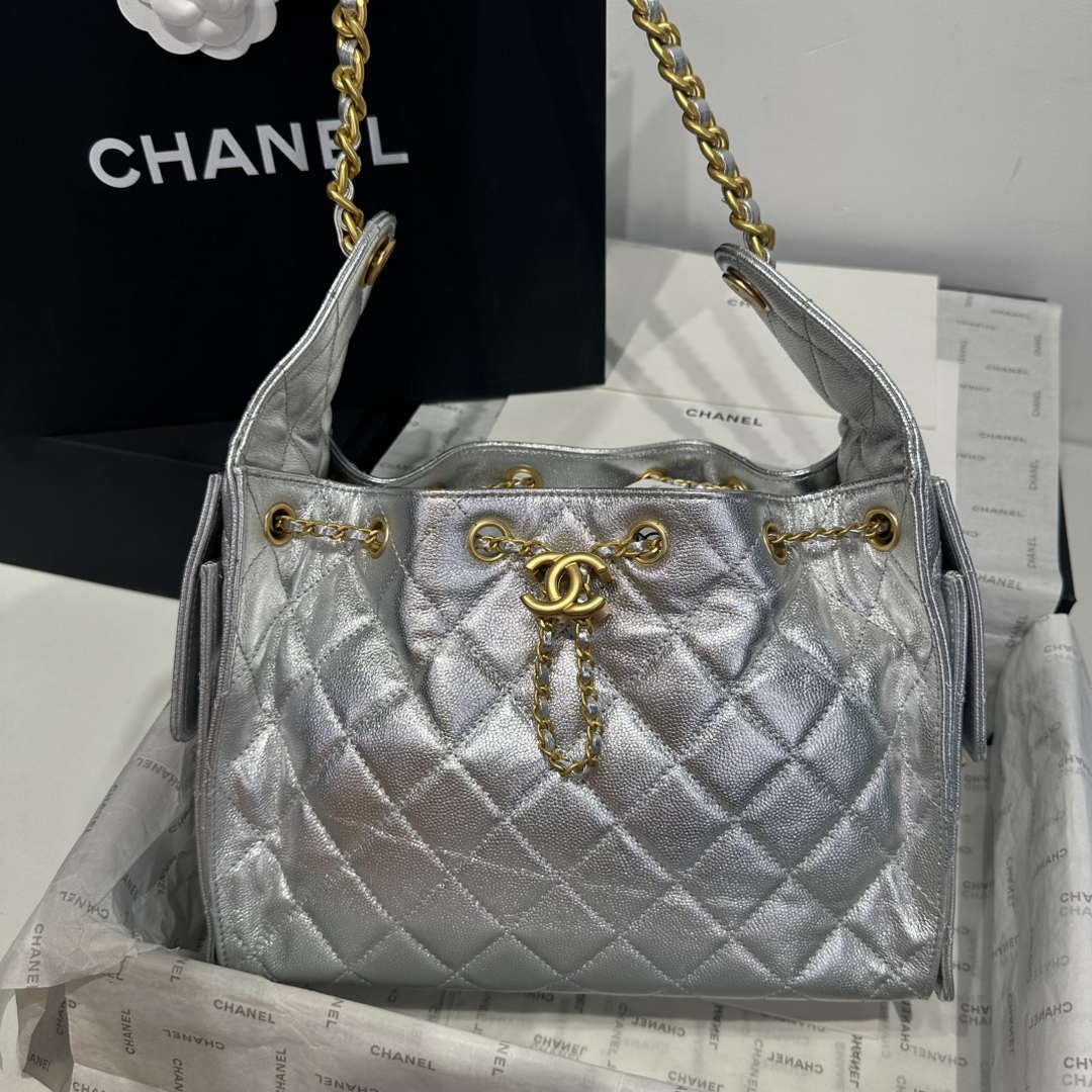 Chanel AS5293 Small Hobo Calfskin & Gold-Tone Metal Silver