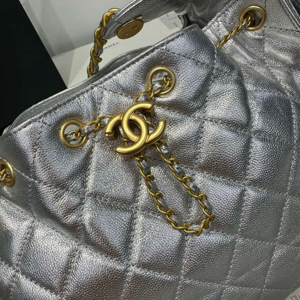 Chanel AS5293 Small Hobo Calfskin & Gold-Tone Metal Silver