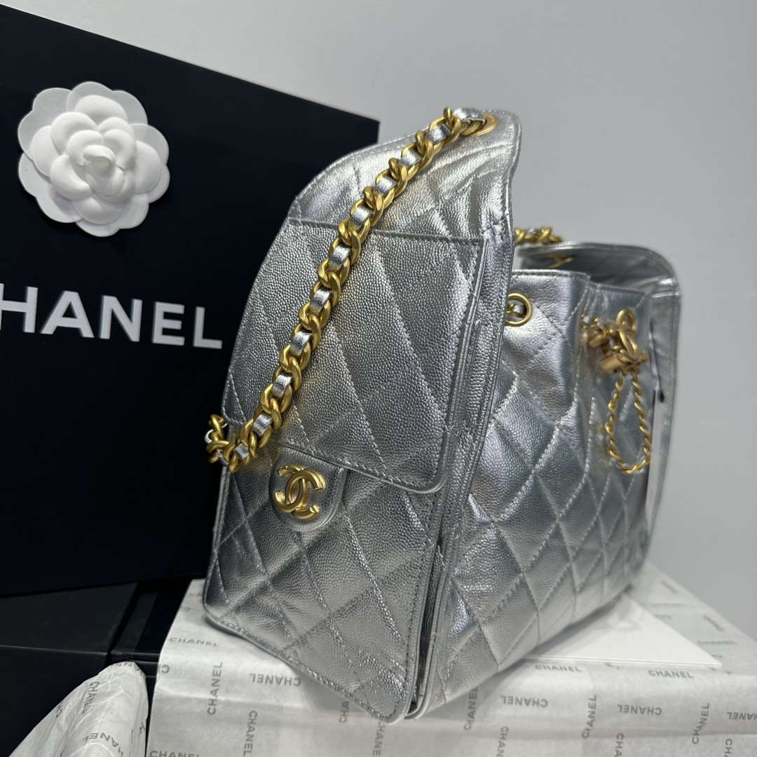 Chanel AS5293 Small Hobo Calfskin & Gold-Tone Metal Silver