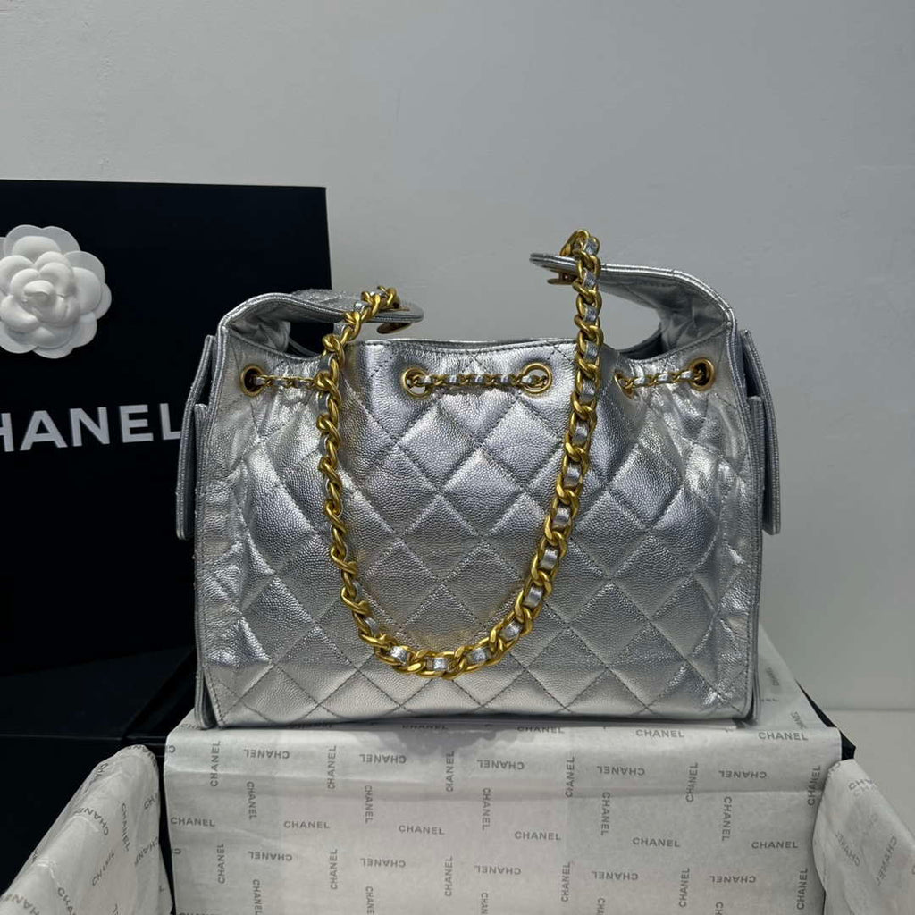 Chanel AS5293 Small Hobo Calfskin & Gold-Tone Metal Silver