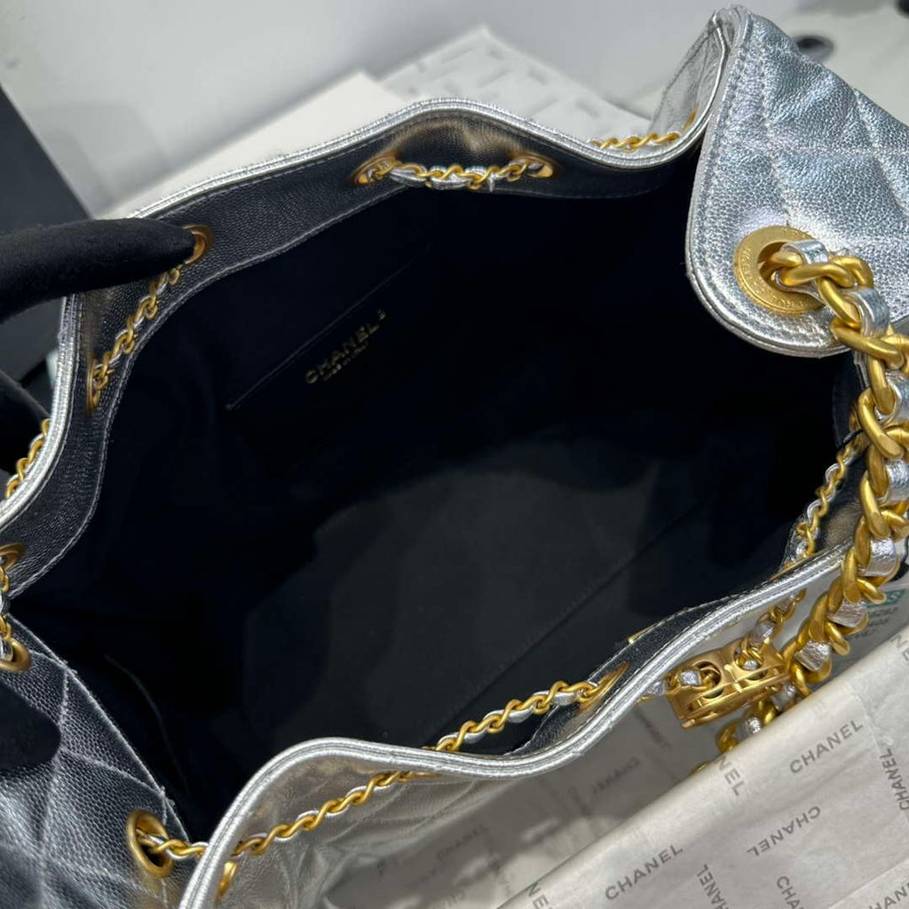 Chanel AS5293 Small Hobo Calfskin & Gold-Tone Metal Silver
