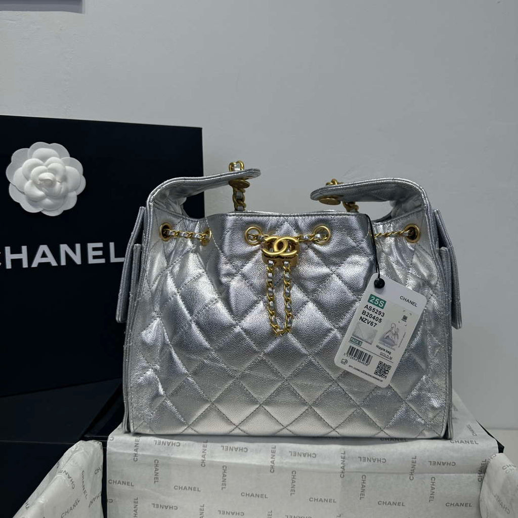 Chanel AS5293 Small Hobo Calfskin & Gold-Tone Metal Silver