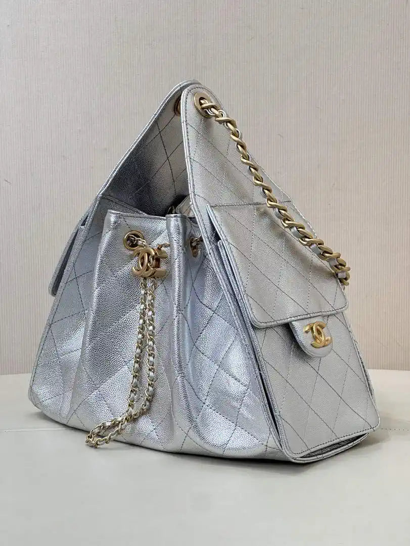 Chanel AS5293 Small Hobo Calfskin & Gold-Tone Metal Silver