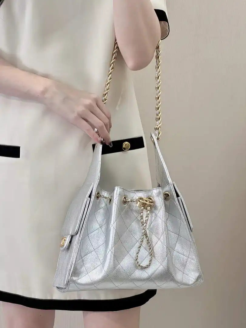 Chanel AS5293 Small Hobo Calfskin & Gold-Tone Metal Silver