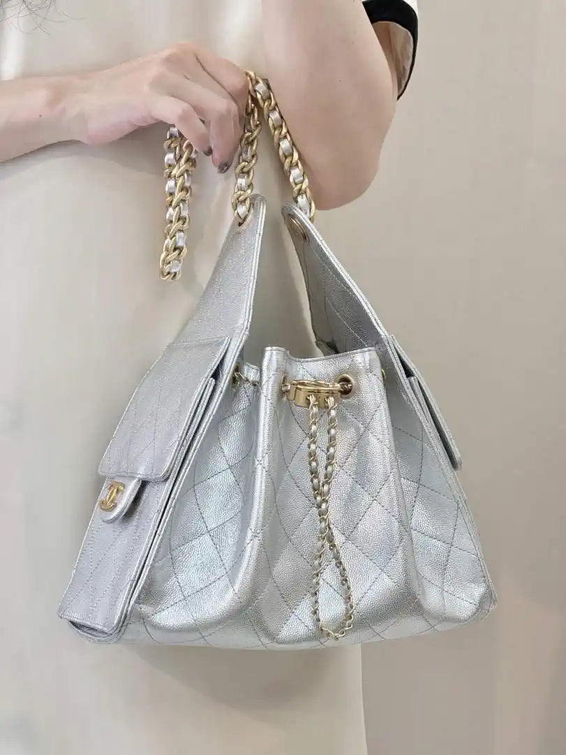 Chanel AS5293 Small Hobo Calfskin & Gold-Tone Metal Silver