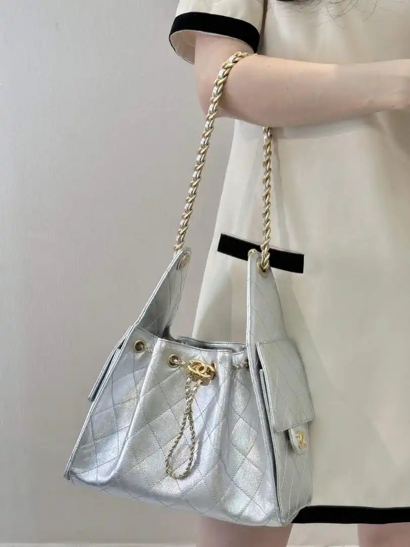 Chanel AS5293 Small Hobo Calfskin & Gold-Tone Metal Silver