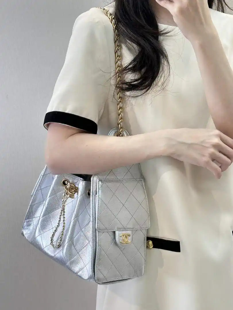 Chanel AS5293 Small Hobo Calfskin & Gold-Tone Metal Silver