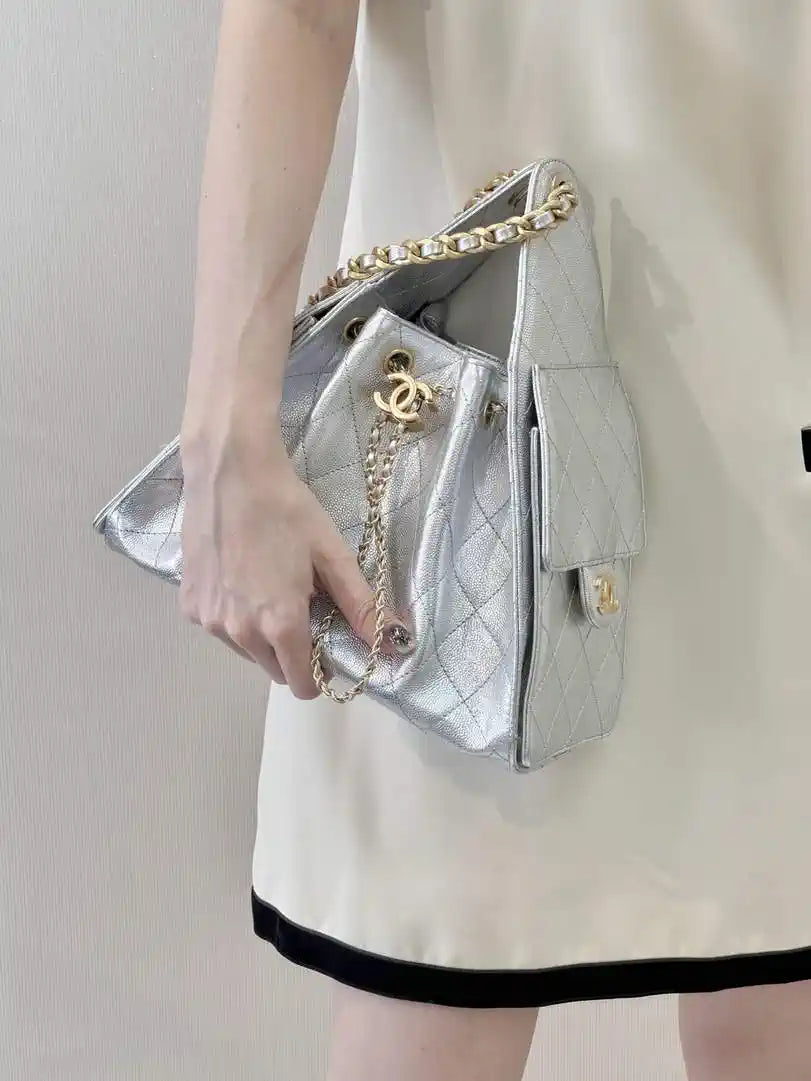 Chanel AS5293 Small Hobo Calfskin & Gold-Tone Metal Silver