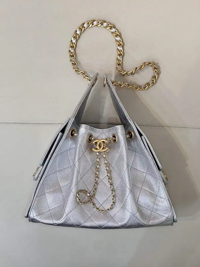 Chanel AS5293 Small Hobo Calfskin & Gold-Tone Metal Silver