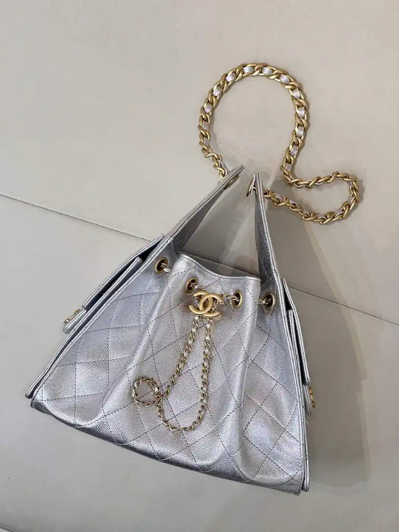 Chanel AS5293 Small Hobo Calfskin & Gold-Tone Metal Silver