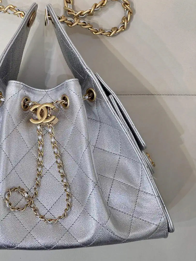 Chanel AS5293 Small Hobo Calfskin & Gold-Tone Metal Silver