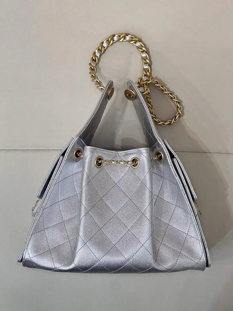 Chanel AS5293 Small Hobo Calfskin & Gold-Tone Metal Silver