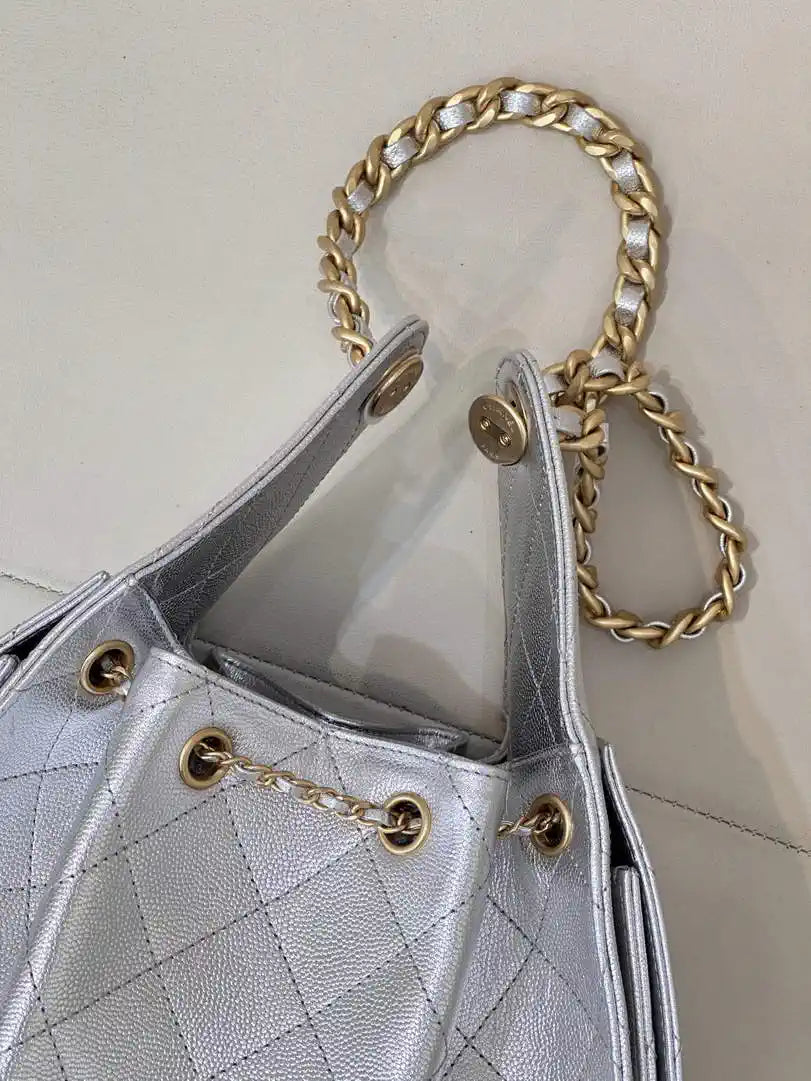 Chanel AS5293 Small Hobo Calfskin & Gold-Tone Metal Silver