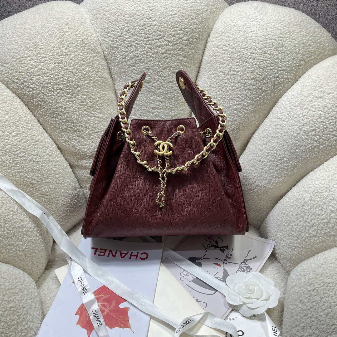 Chanel AS5293 Small Hobo Calfskin & Gold-Tone Metal Wine Red