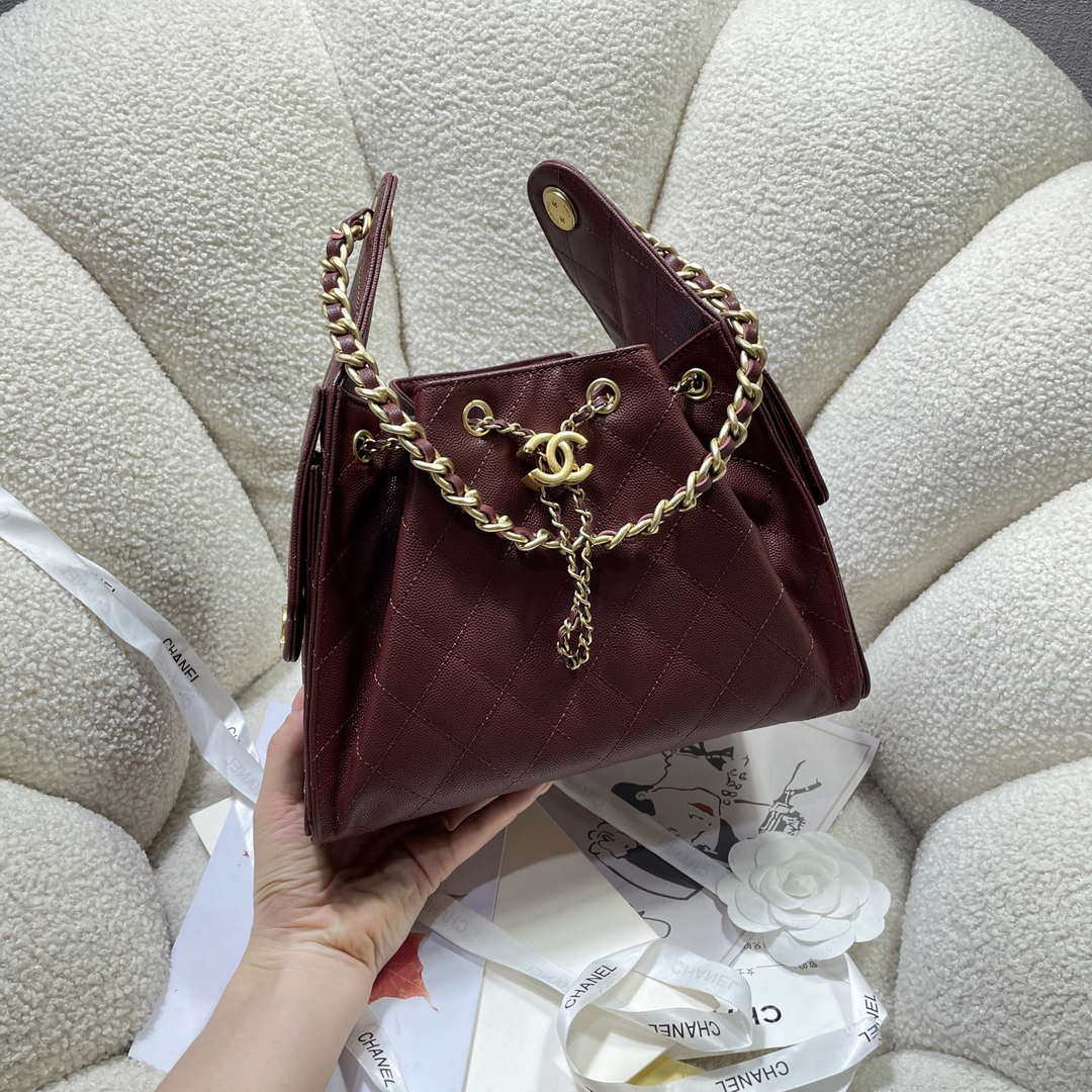 Chanel AS5293 Small Hobo Calfskin & Gold-Tone Metal Wine Red