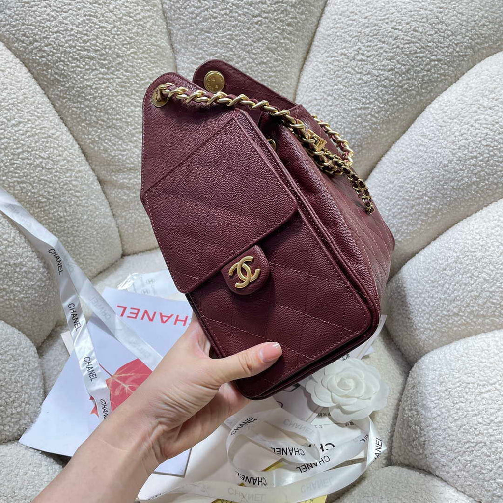Chanel AS5293 Small Hobo Calfskin & Gold-Tone Metal Wine Red