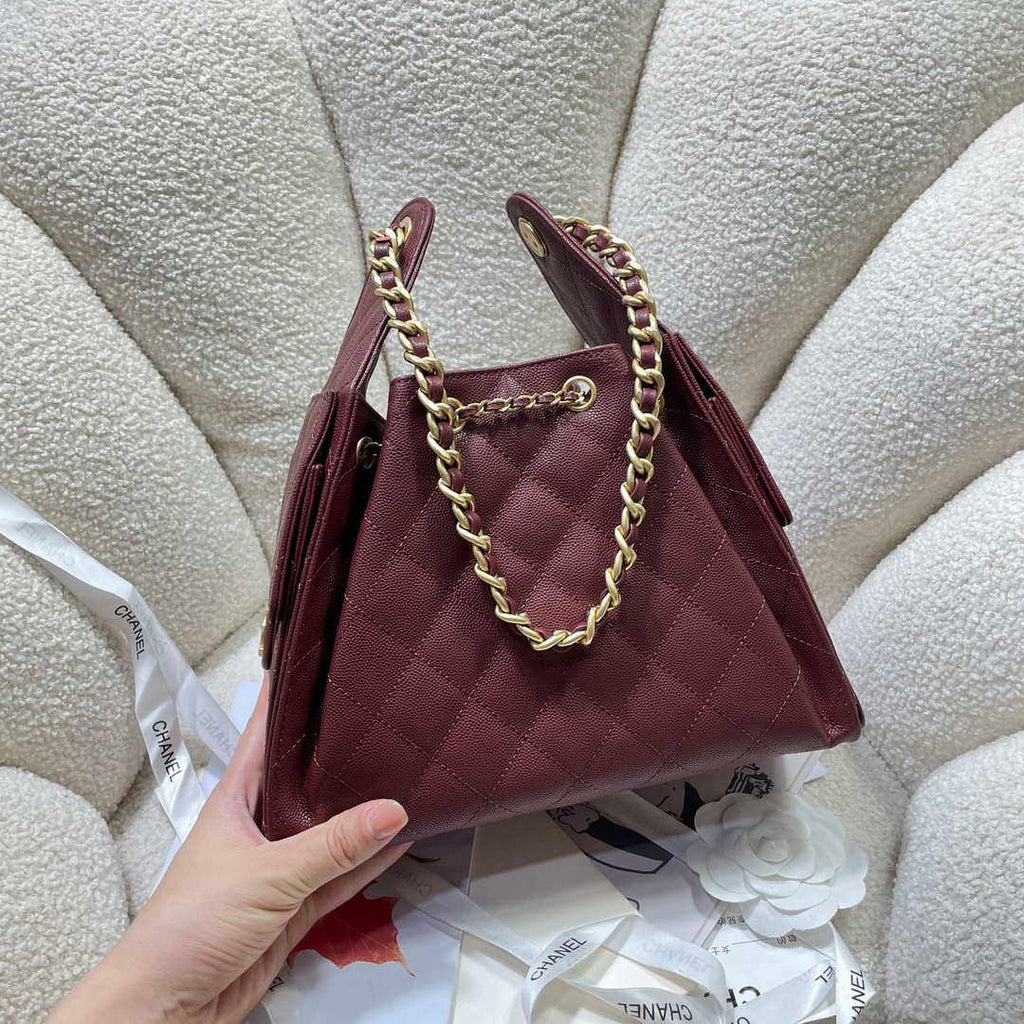 Chanel AS5293 Small Hobo Calfskin & Gold-Tone Metal Wine Red