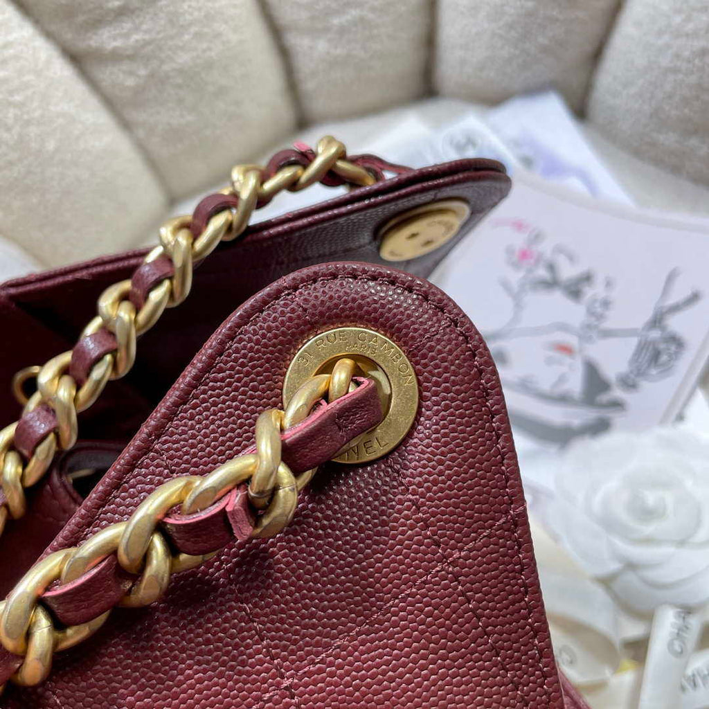 Chanel AS5293 Small Hobo Calfskin & Gold-Tone Metal Wine Red