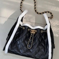 Chanel AS5293 Small Hobo Shearling Sheepskin & Gold-Tone Metal Black &White
