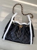 Chanel AS5293 Small Hobo Shearling Sheepskin & Gold-Tone Metal Black &White