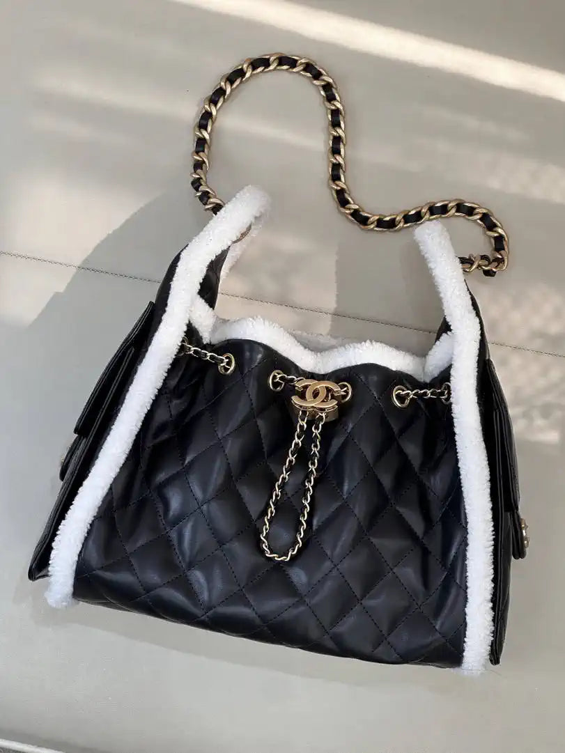 Chanel AS5293 Small Hobo Shearling Sheepskin & Gold-Tone Metal Black &White