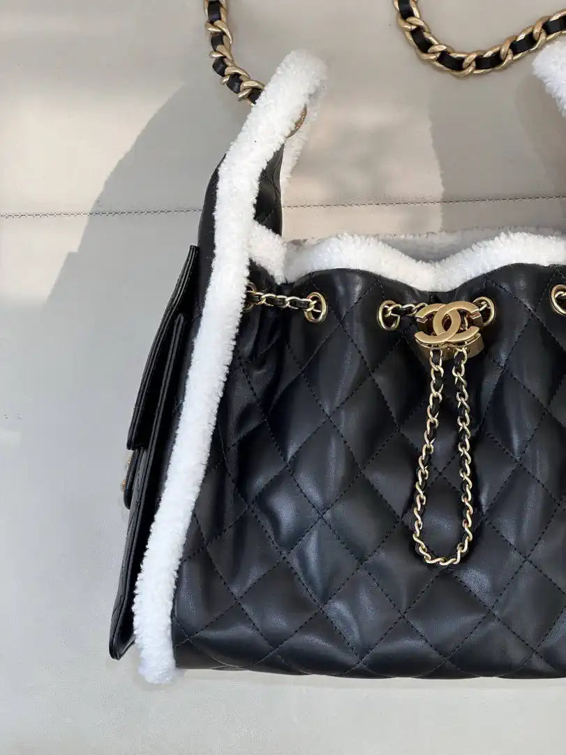 Chanel AS5293 Small Hobo Shearling Sheepskin & Gold-Tone Metal Black &White