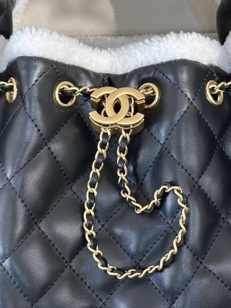 Chanel AS5293 Small Hobo Shearling Sheepskin & Gold-Tone Metal Black &White