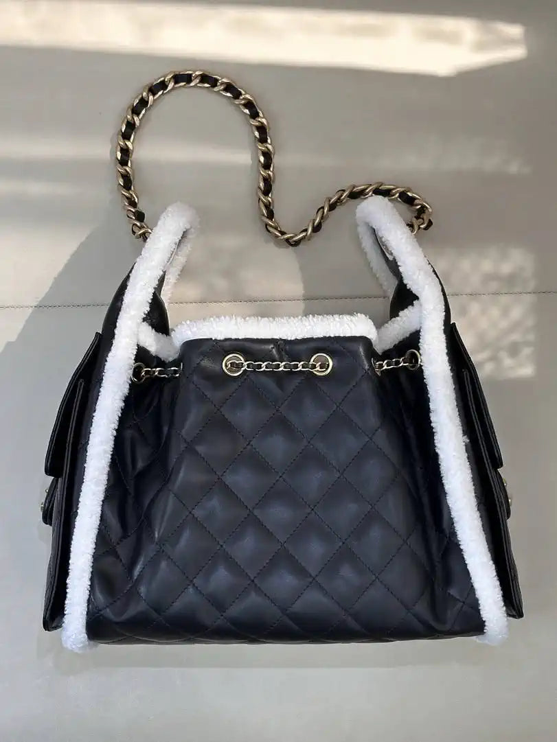 Chanel AS5293 Small Hobo Shearling Sheepskin & Gold-Tone Metal Black &White
