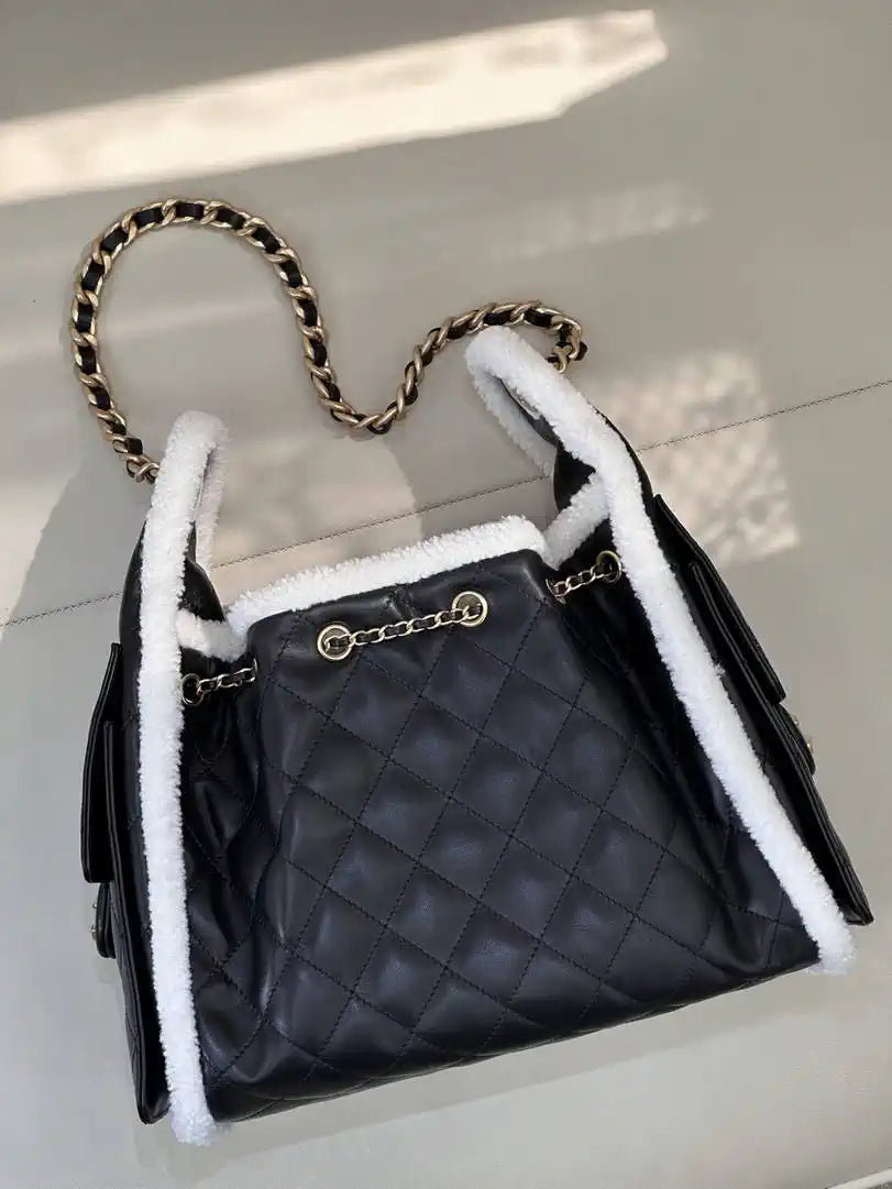 Chanel AS5293 Small Hobo Shearling Sheepskin & Gold-Tone Metal Black &White