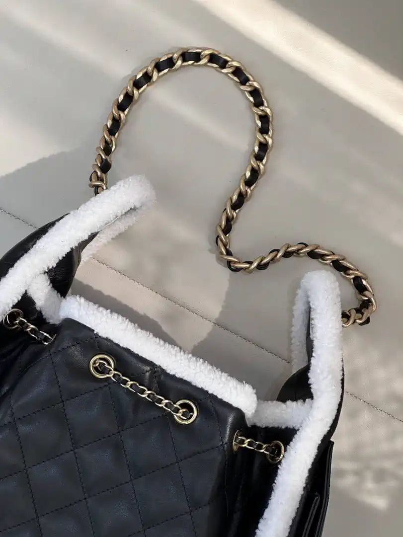 Chanel AS5293 Small Hobo Shearling Sheepskin & Gold-Tone Metal Black &White
