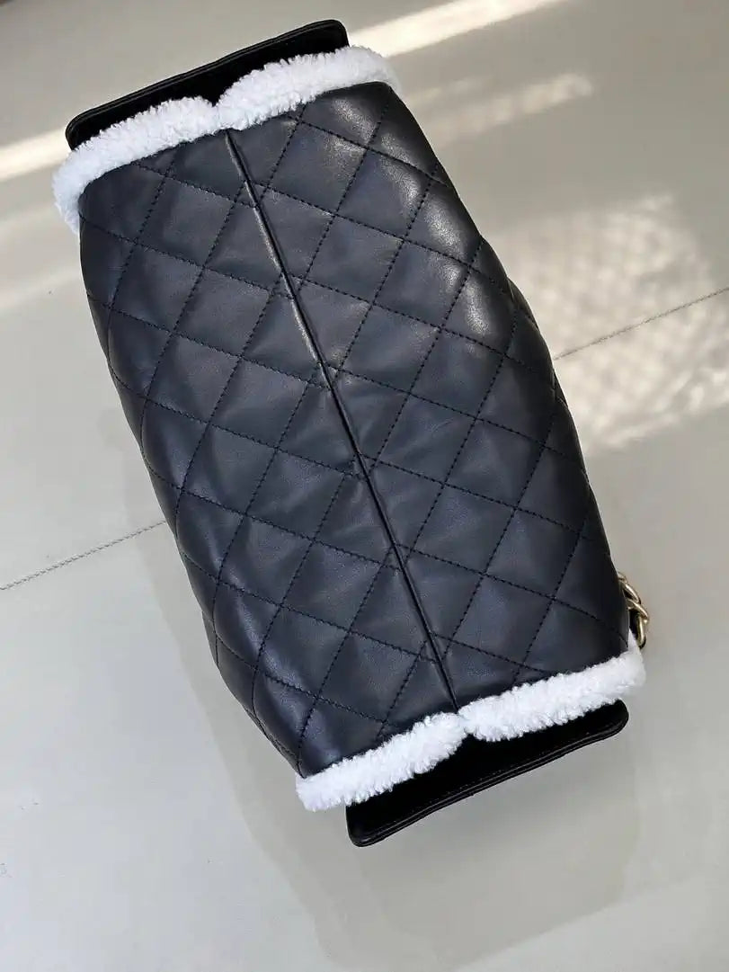 Chanel AS5293 Small Hobo Shearling Sheepskin & Gold-Tone Metal Black &White