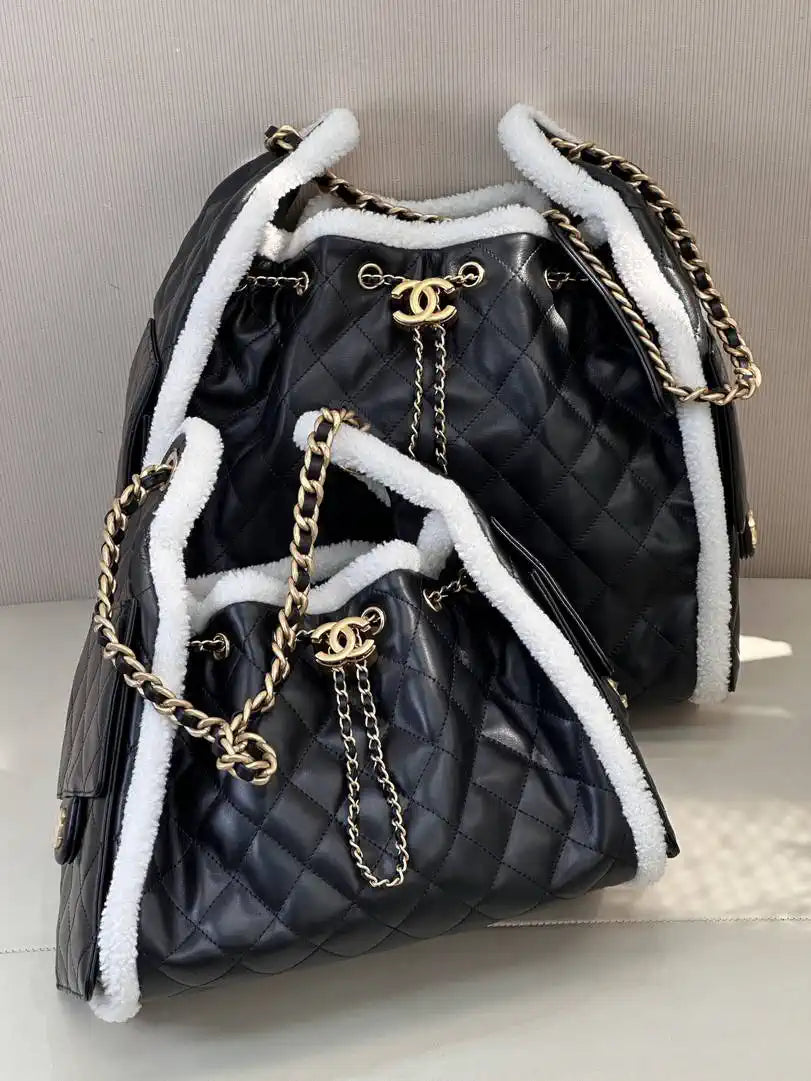 Chanel AS5293 Small Hobo Shearling Sheepskin & Gold-Tone Metal Black &White