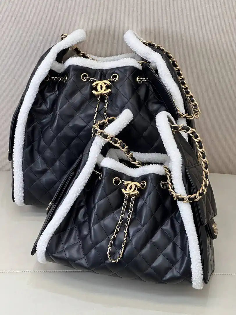 Chanel AS5293 Small Hobo Shearling Sheepskin & Gold-Tone Metal Black &White