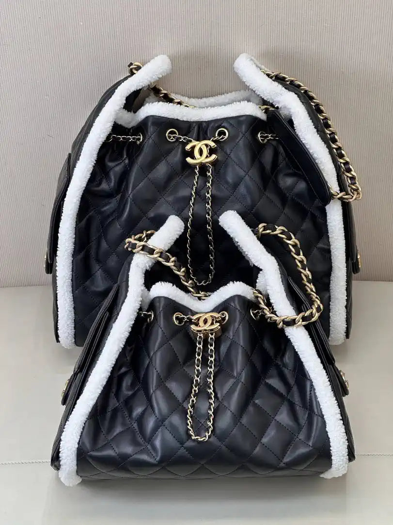 Chanel AS5293 Small Hobo Shearling Sheepskin & Gold-Tone Metal Black &White