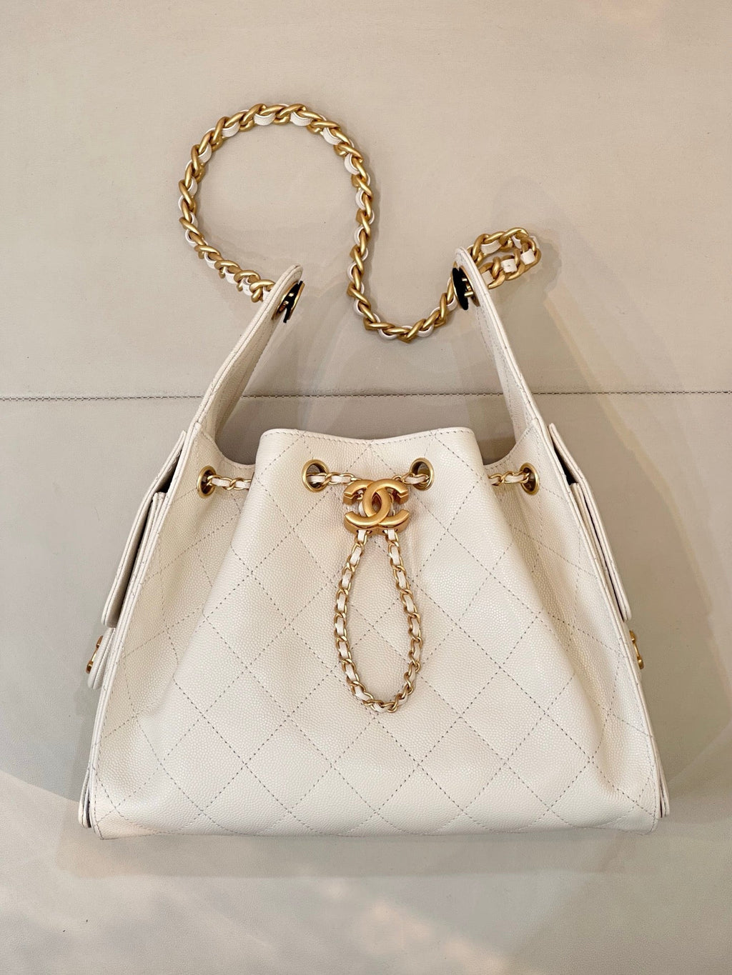 Chanel AS5293 Small Hobo Handbag Calfskin & Gold-Tone Metal  Beige