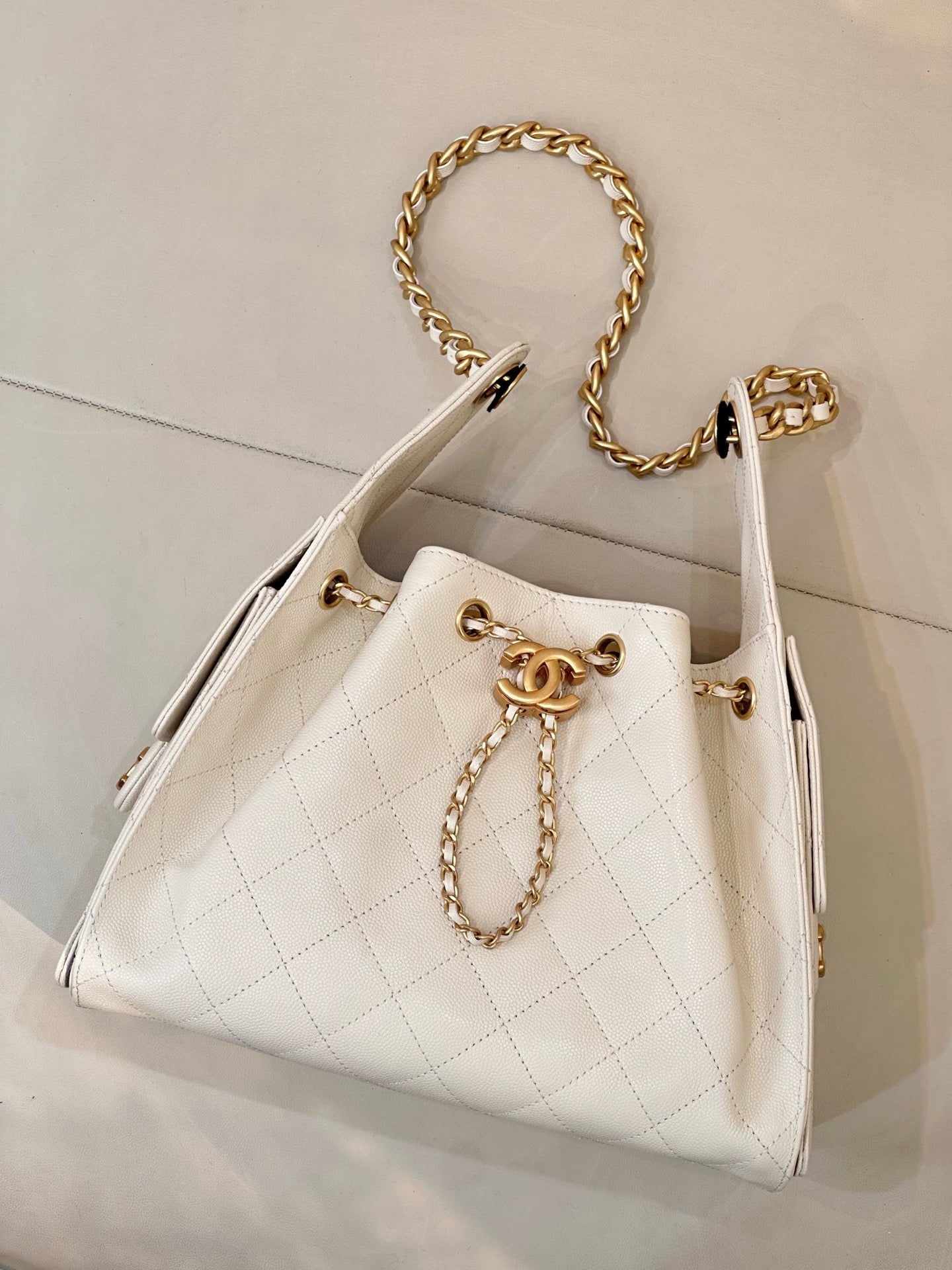 Chanel AS5293 Small Hobo Handbag Calfskin & Gold-Tone Metal  Beige
