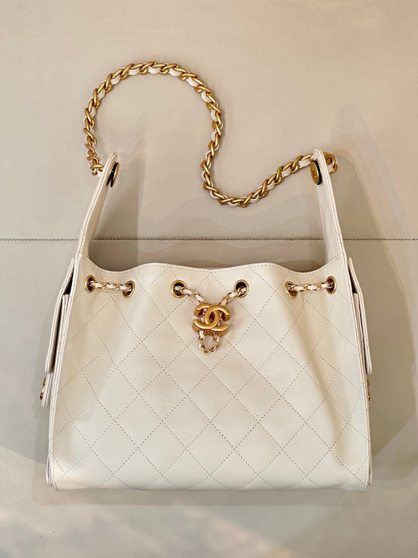 Chanel AS5293 Small Hobo Handbag Calfskin & Gold-Tone Metal  Beige - Default Title - View 3